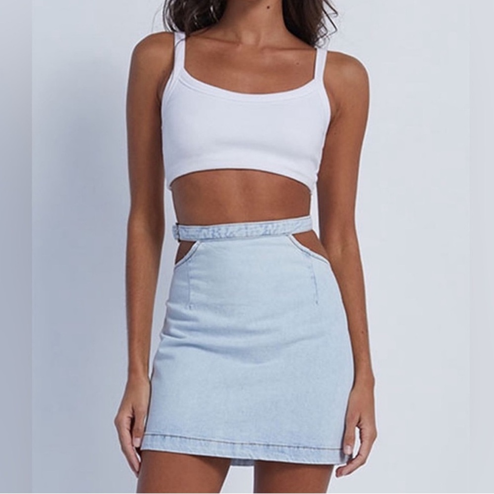 Light Blue Denim Mini Skirt NEW WITH TAGS Revolve Pinboard Trending WeWoreWhat